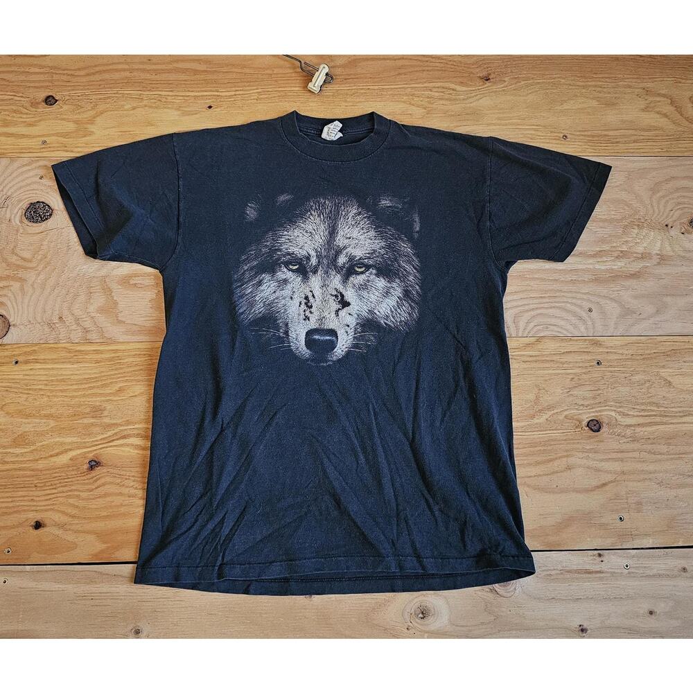 90s Wolf Face Graphic Black Gray T-shirt Sz L CMJ Sportswear